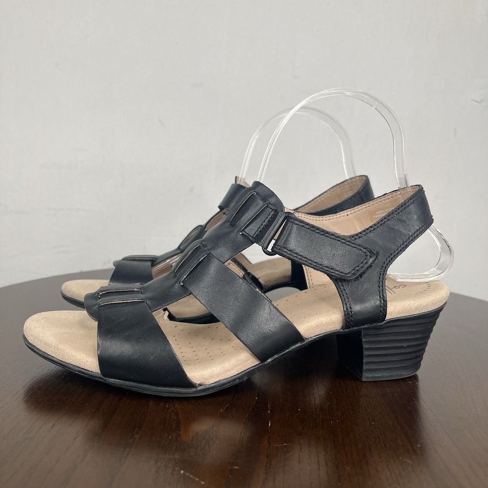 Clarks  Valaria Kerry Sandals Women's 9M Black Leather Strappy Slingback‎ Open